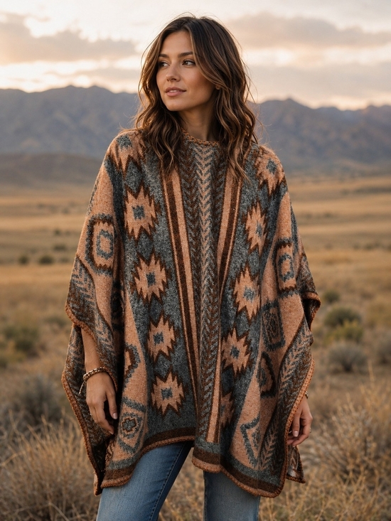 Quagga Sweaters - Aztec Open-Front Poncho in Rust and Gray